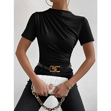 Women's Ruched Mock Neck Short Sleeve Fitted Basic T Shirt