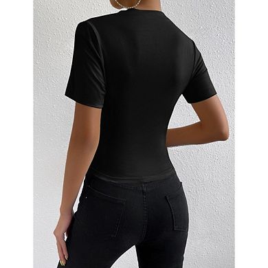 Women's Ruched Mock Neck Short Sleeve Fitted Basic T Shirt