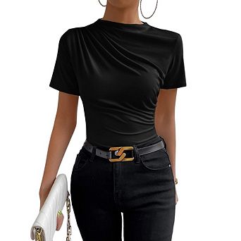 Women's Ruched Mock Neck Short Sleeve Fitted Basic T Shirt