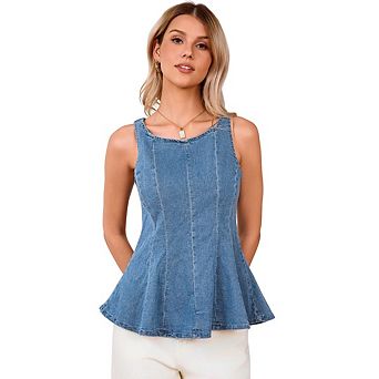 Women's Denim Peplum Tank Top Summer Stretch Sleeveless Slim Jean Blouse with 4/5 Back Zipper