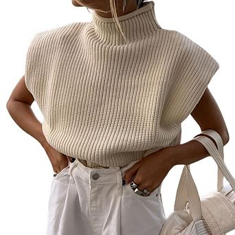 Women's Cap Sleeve Knit Sweater Vest Mock Neck Knit Pullover Tank Shirt Trendy Sleeveless Cute Top