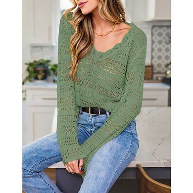 Women's Crochet Knit Pullover Sweater Lightweight Long Sleeve Hollow Out Solid Color Casual Tops