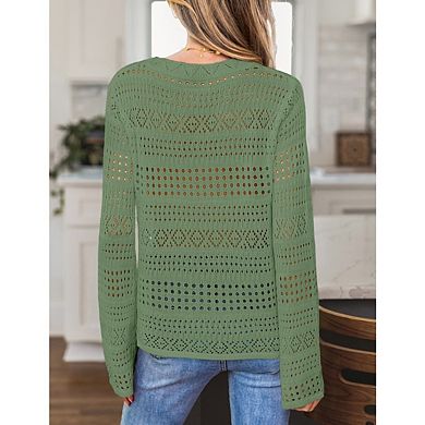 Women's Crochet Knit Pullover Sweater Lightweight Long Sleeve Hollow Out Solid Color Casual Tops