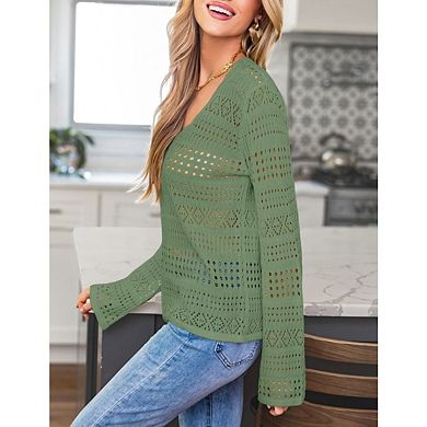 Women's Crochet Knit Pullover Sweater Lightweight Long Sleeve Hollow Out Solid Color Casual Tops