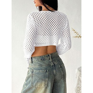 Women's Crochet Shrug Sweater Cardigans Open Front Long Sleeve Cropped Hollow Out Tie Front Tops