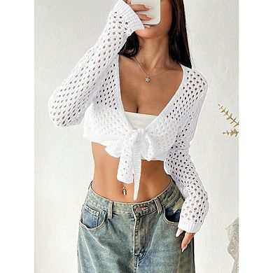 Women's Crochet Shrug Sweater Cardigans Open Front Long Sleeve Cropped Hollow Out Tie Front Tops