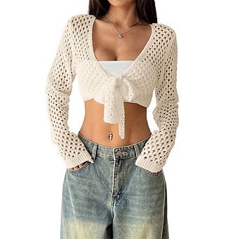 Women's Crochet Shrug Sweater Cardigans Open Front Long Sleeve Cropped Hollow Out Tie Front Tops