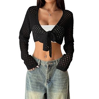 Women's Crochet Shrug Sweater Cardigans Open Front Long Sleeve Cropped Hollow Out Tie Front Tops