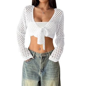 Women's Crochet Shrug Sweater Cardigans Open Front Long Sleeve Cropped Hollow Out Tie Front Tops