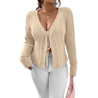 Women's Plus Size Tie Cardigan V Neck Knit Sweater Trendy Open Front Casual Tops