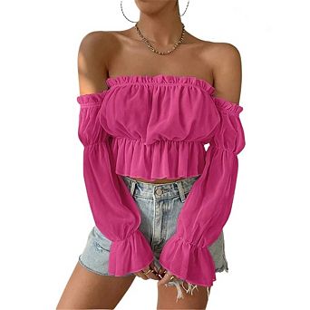 Women's Off Shoulder Ruffle Trim Puff Long Sleeve Tube Crop Pleated Blouse Shirt Top