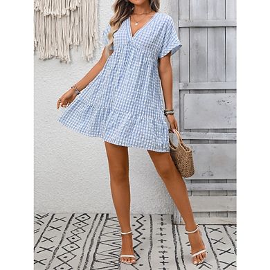 Women's Plaid Short Sleeve Ruffle Deep V Neck Flowy Cute Mini Babydoll Dress