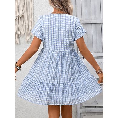 Women's Plaid Short Sleeve Ruffle Deep V Neck Flowy Cute Mini Babydoll Dress