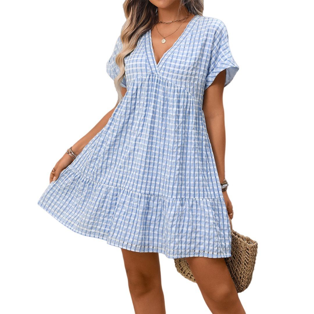 Женские платья Plaid Short Sleeve Ruffle Deep V Neck Flowy Cute Mini Babydoll Dress