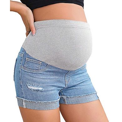 Women's Maternity High-Waisted Distressed Denim Shorts