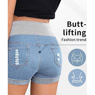 Women's Maternity High-Waisted Distressed Denim Shorts
