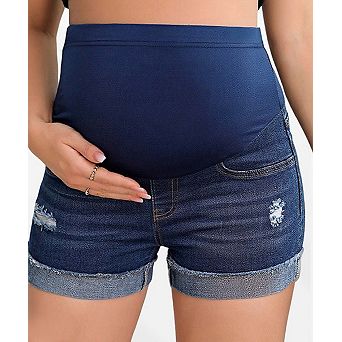 Women's Maternity High-Waisted Distressed Denim Shorts