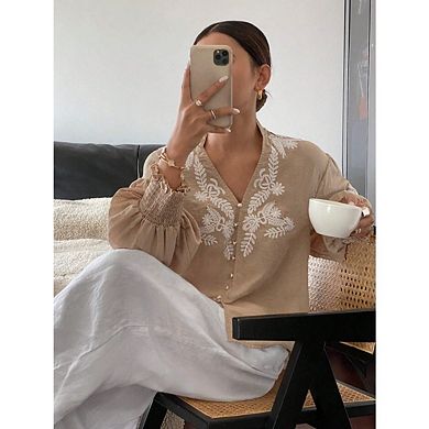 Women's Embroidered Puff Sleeve Blouse Vintage Boho V Neck Button Down Shirts with Smocked Cuffs