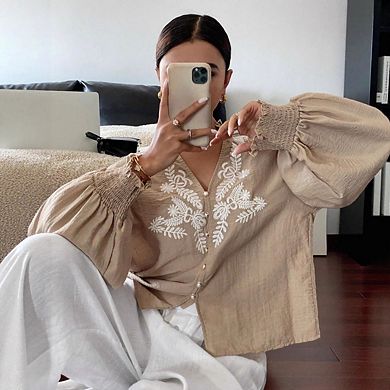 Women's Embroidered Puff Sleeve Blouse Vintage Boho V Neck Button Down Shirts with Smocked Cuffs