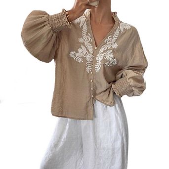Women's Embroidered Puff Sleeve Blouse Vintage Boho V Neck Button Down Shirts with Smocked Cuffs