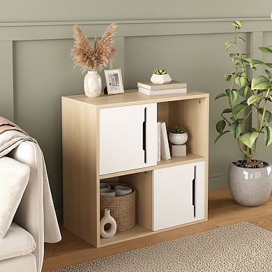 Homy Casa 2-Door Sliding Storage Cabinet with Open Shelves