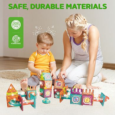 Contixo 65-Piece Glow-in-the-Dark Marble Run Magnetic Tile Set, STEM Building Toy