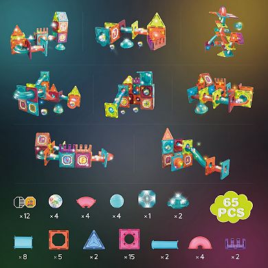 Contixo 65-Piece Glow-in-the-Dark Marble Run Magnetic Tile Set, STEM Building Toy