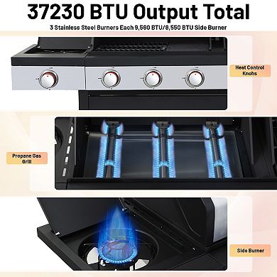 Propane and Charcoal Combo Grill with Side Burner, Grates and Griddle Plate, 37,230 BTU