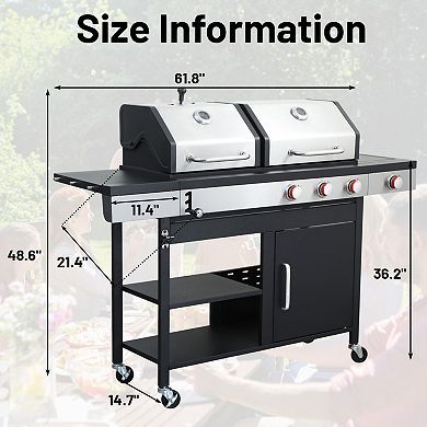Propane and Charcoal Combo Grill with Side Burner, Grates and Griddle Plate, 37,230 BTU