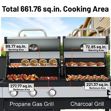 Propane and Charcoal Combo Grill with Side Burner, Grates and Griddle Plate, 37,230 BTU
