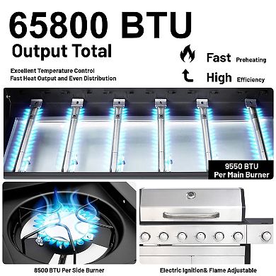 6+1-Burner Propane Gas BBQ Grill with Side Burner for Outdoor Barbecue, 65910 BTU