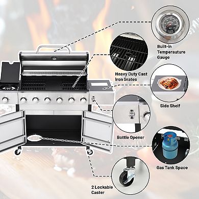 6+1-Burner Propane Gas BBQ Grill with Side Burner for Outdoor Barbecue, 65910 BTU