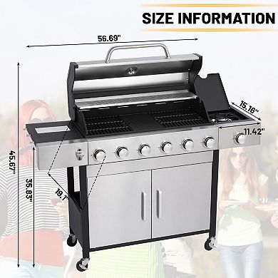 6+1-Burner Propane Gas BBQ Grill with Side Burner for Outdoor Barbecue, 65910 BTU