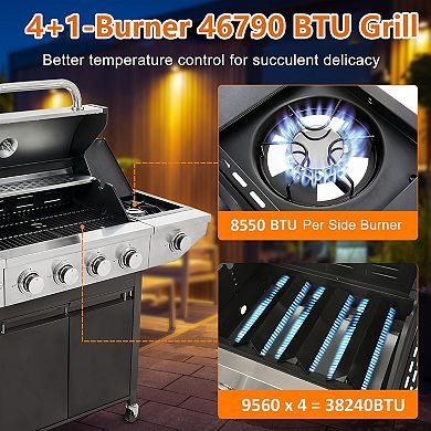 4+1-Burner Propane Gas BBQ Grill with Side Burner for Outdoor Barbecue, 46790 BTU