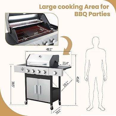 4+1-Burner Propane Gas BBQ Grill with Side Burner for Outdoor Barbecue, 46790 BTU