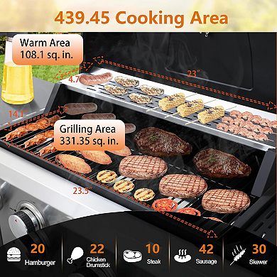 4+1-Burner Propane Gas BBQ Grill with Side Burner for Outdoor Barbecue, 46790 BTU