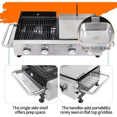 4 Burners Gas Flat Top Grill and Griddle Combo, 2-1 Outdoor Propane Griddle Grill 38240 BTU