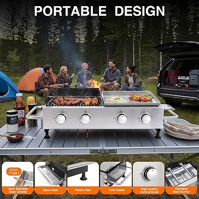4 Burners Gas Flat Top Grill and Griddle Combo, 2-1 Outdoor Propane Griddle Grill 38240 BTU