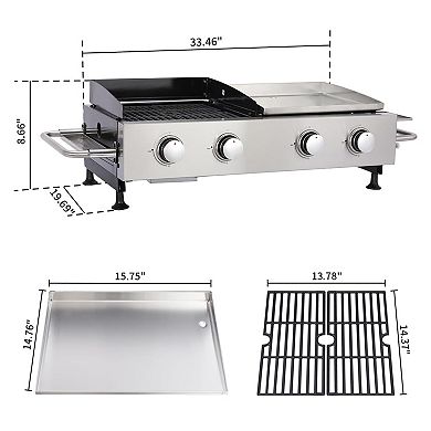 4 Burners Gas Flat Top Grill and Griddle Combo, 2-1 Outdoor Propane Griddle Grill 38240 BTU