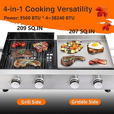 4 Burners Gas Flat Top Grill and Griddle Combo, 2-1 Outdoor Propane Griddle Grill 38240 BTU