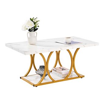 VEVOR Coffee Table, Modern Faux Marble Coffee Table, 2 tier Rectangle Center Desk with Geometric Legs
