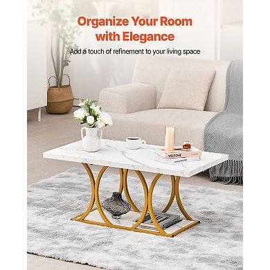 VEVOR Coffee Table, Modern Faux Marble Coffee Table, 2Tier Rectangle Center Desk with Geometric Legs