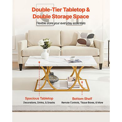 VEVOR Coffee Table, Modern Faux Marble Coffee Table, 2Tier Rectangle Center Desk with Geometric Legs