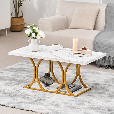 VEVOR Coffee Table, Modern Faux Marble Coffee Table, 2Tier Rectangle Center Desk with Geometric Legs