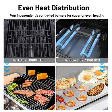 2 in 1 Propane Griddle Grill Combo,4-Burner Propane Gas BBQ Grill for Patio Backyard, 38240 BTU