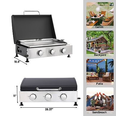 26 inch Tabletop Griddle with Ceramic Coated Cast Iron Plate, 28650 BTU 3 Burners Flat Top Pan