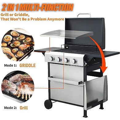 4-Burner Propane Gas BBQ Grill with SS Plancha For Outdoor Barbecue, 49200BTU