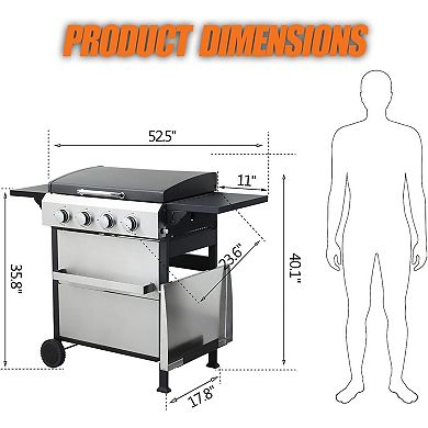 4-Burner Propane Gas BBQ Grill with SS Plancha For Outdoor Barbecue, 49200BTU