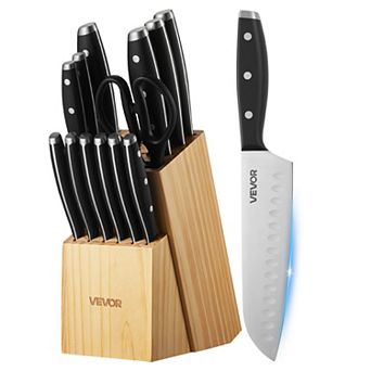 VEVOR Kitchen Knife Set with Block and Sharpener, 15 pc Stainless Steel Sharp Knife Set