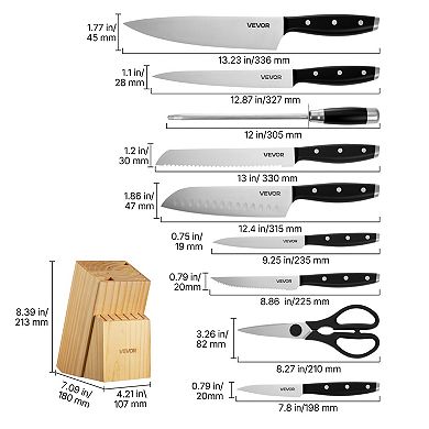 VEVOR Kitchen Knife Set with Block and Sharpener, 15 Piece Stainless Steel Sharp Knife Set